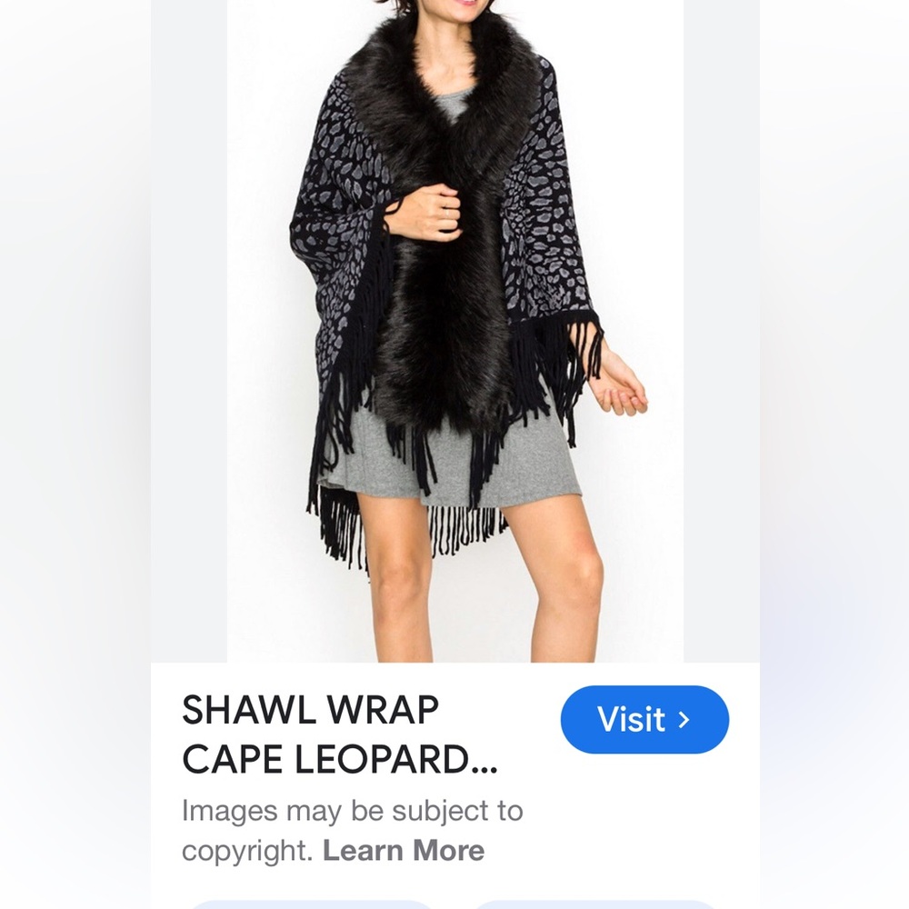 Leopard Print Shawl with Faux Fur Collar - Picture 2 of 9